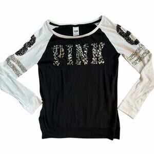 Victorias Secret Pink Bling Sequins Crew Neck Long Sleeve Black And White Size S